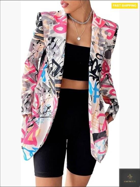 Jackets & Blazers - Plus Size Lapel Collar Open Front Graffiti Graphic Button Blazer Jacket